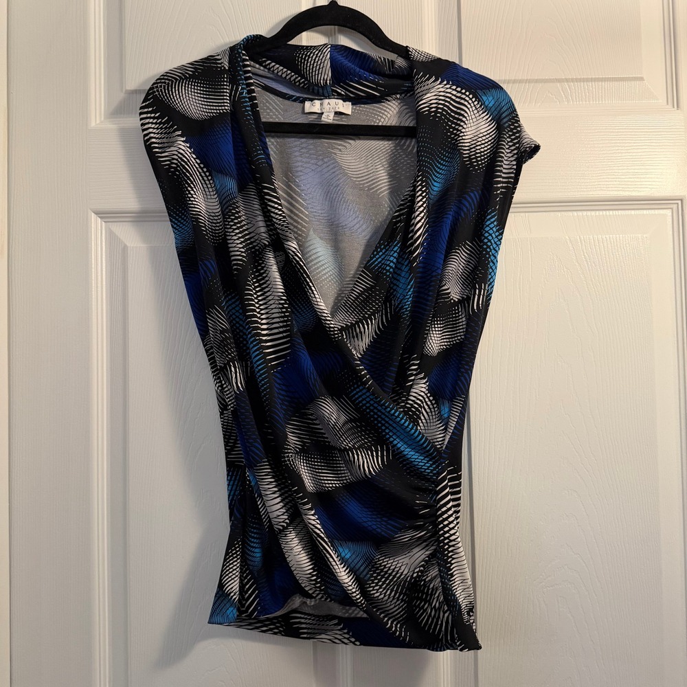 Chaus New York Sleeveless Blouse Blue Medium Abstract Surplice Work Office